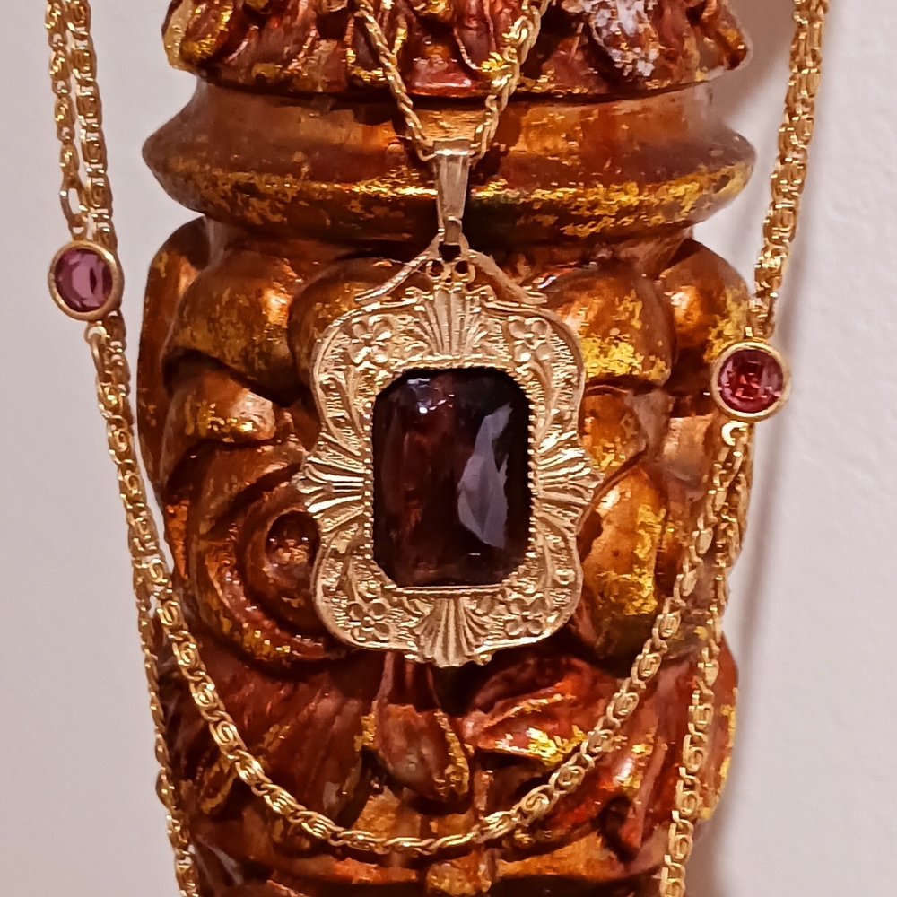 Long Amythest Necklace Gold Tone